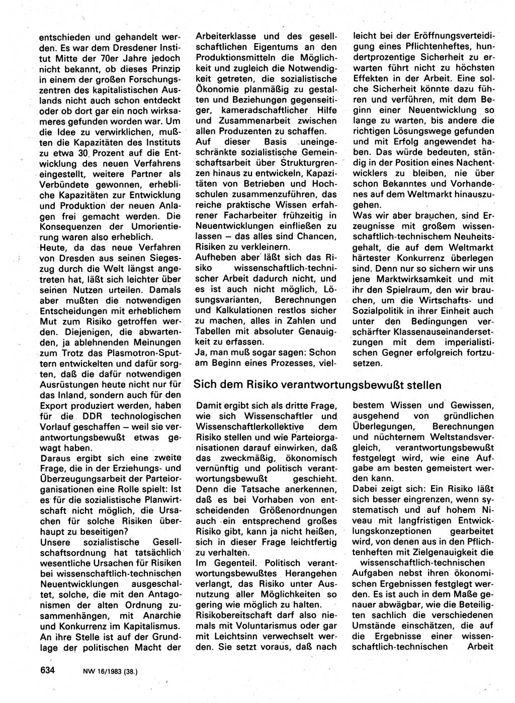 Neuer Weg (NW), Organ des Zentralkomitees (ZK) der SED (Sozialistische Einheitspartei Deutschlands) für Fragen des Parteilebens, 38. Jahrgang [Deutsche Demokratische Republik (DDR)] 1983, Seite 634 (NW ZK SED DDR 1983, S. 634)