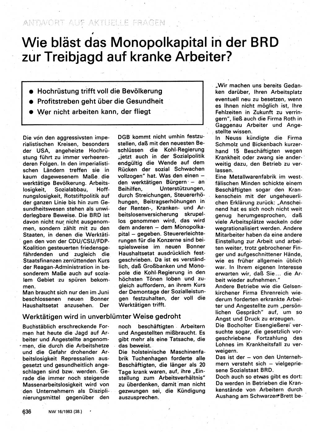 Neuer Weg (NW), Organ des Zentralkomitees (ZK) der SED (Sozialistische Einheitspartei Deutschlands) für Fragen des Parteilebens, 38. Jahrgang [Deutsche Demokratische Republik (DDR)] 1983, Seite 636 (NW ZK SED DDR 1983, S. 636)