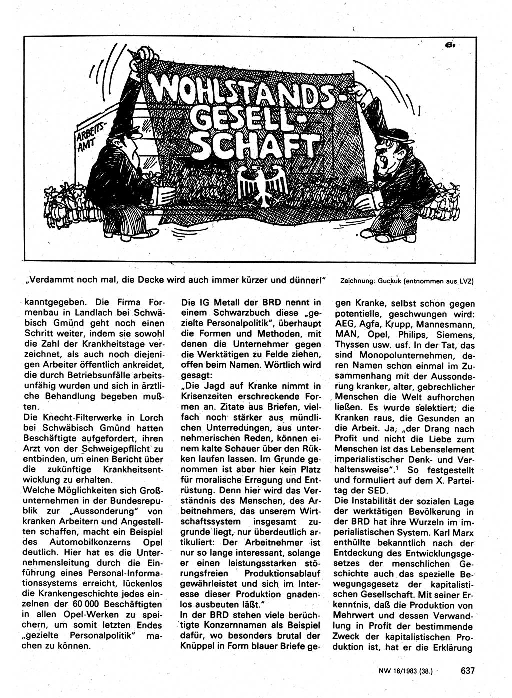 Neuer Weg (NW), Organ des Zentralkomitees (ZK) der SED (Sozialistische Einheitspartei Deutschlands) für Fragen des Parteilebens, 38. Jahrgang [Deutsche Demokratische Republik (DDR)] 1983, Seite 637 (NW ZK SED DDR 1983, S. 637)