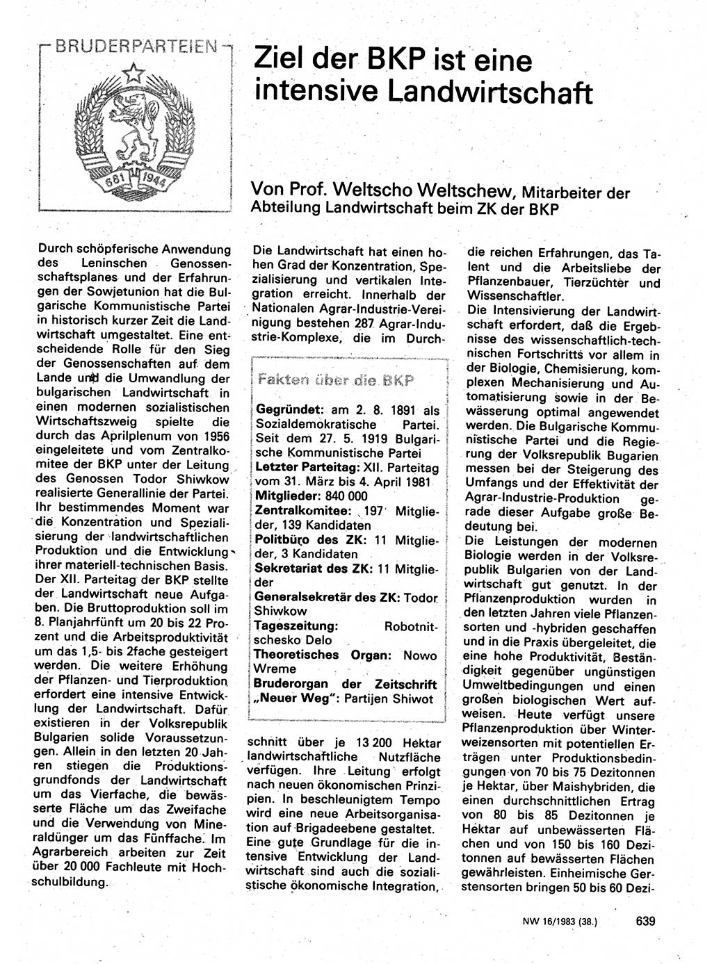 Neuer Weg (NW), Organ des Zentralkomitees (ZK) der SED (Sozialistische Einheitspartei Deutschlands) für Fragen des Parteilebens, 38. Jahrgang [Deutsche Demokratische Republik (DDR)] 1983, Seite 639 (NW ZK SED DDR 1983, S. 639)