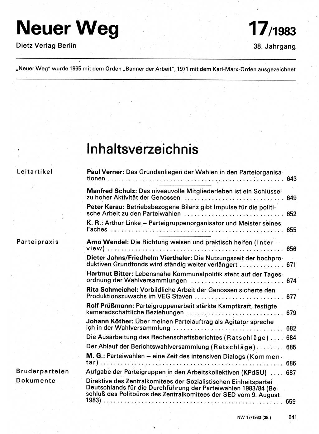 Neuer Weg (NW), Organ des Zentralkomitees (ZK) der SED (Sozialistische Einheitspartei Deutschlands) für Fragen des Parteilebens, 38. Jahrgang [Deutsche Demokratische Republik (DDR)] 1983, Seite 641 (NW ZK SED DDR 1983, S. 641)