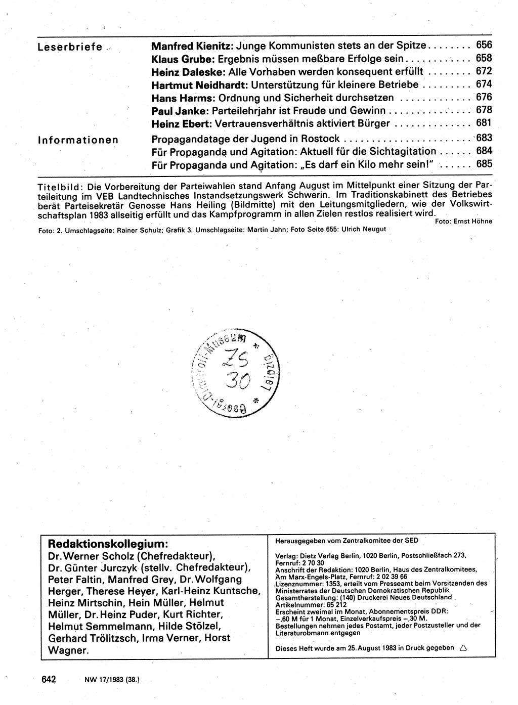 Neuer Weg (NW), Organ des Zentralkomitees (ZK) der SED (Sozialistische Einheitspartei Deutschlands) für Fragen des Parteilebens, 38. Jahrgang [Deutsche Demokratische Republik (DDR)] 1983, Seite 642 (NW ZK SED DDR 1983, S. 642)