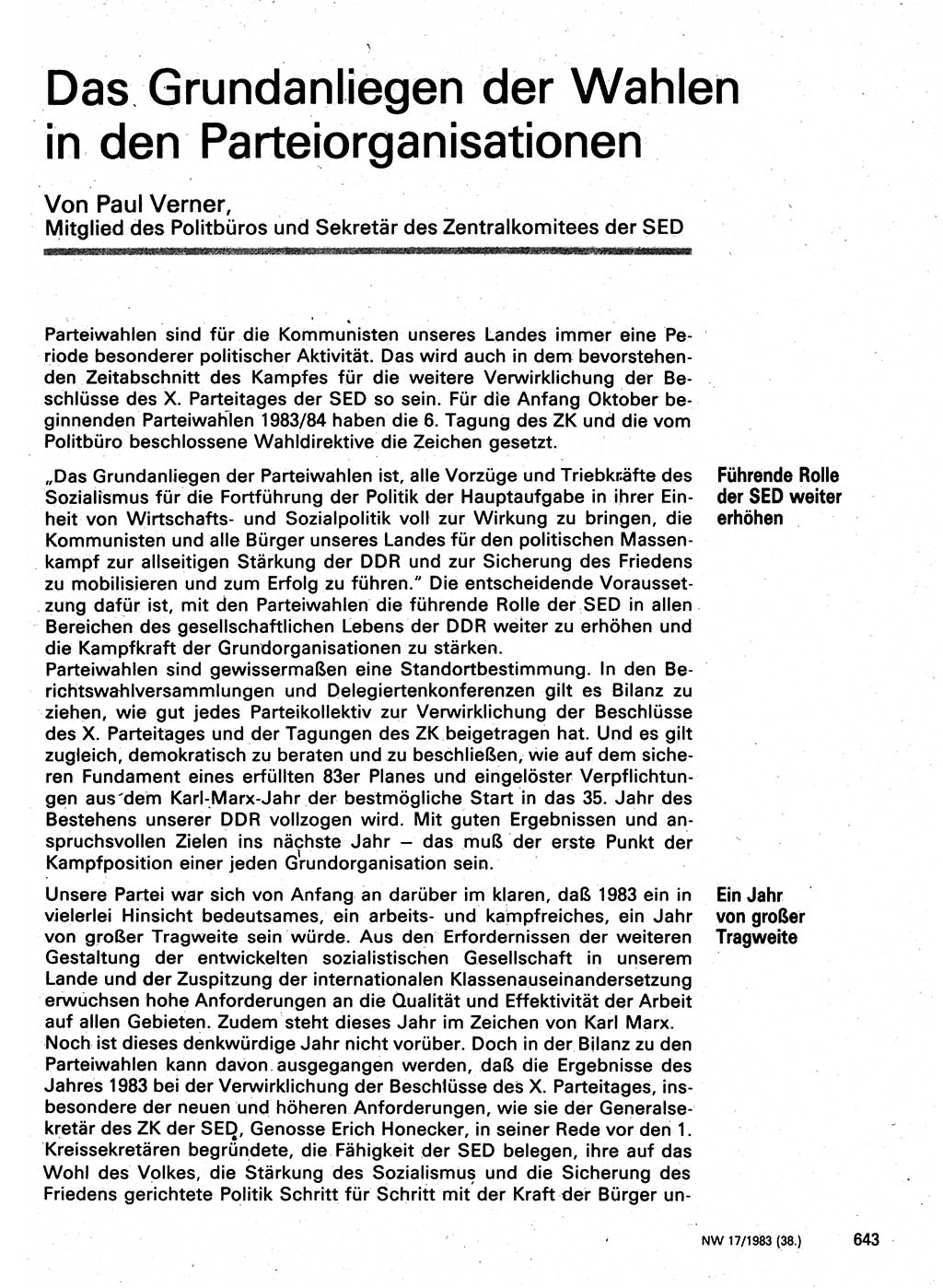 Neuer Weg (NW), Organ des Zentralkomitees (ZK) der SED (Sozialistische Einheitspartei Deutschlands) für Fragen des Parteilebens, 38. Jahrgang [Deutsche Demokratische Republik (DDR)] 1983, Seite 643 (NW ZK SED DDR 1983, S. 643)