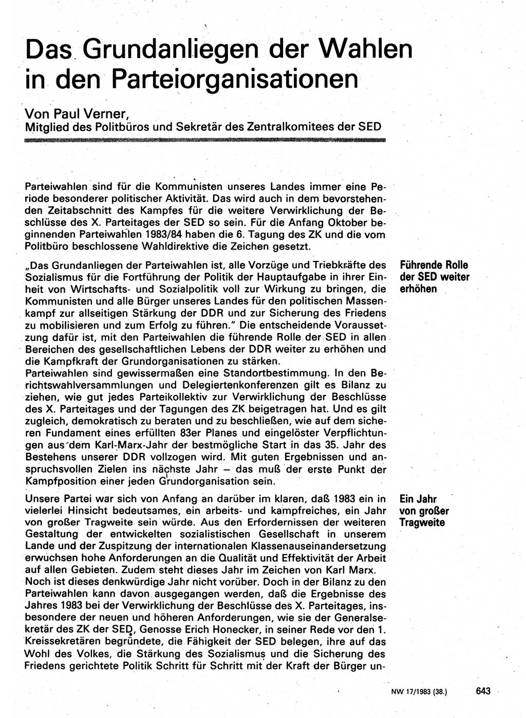 Neuer Weg (NW), Organ des Zentralkomitees (ZK) der SED (Sozialistische Einheitspartei Deutschlands) für Fragen des Parteilebens, 38. Jahrgang [Deutsche Demokratische Republik (DDR)] 1983, Seite 643 (NW ZK SED DDR 1983, S. 643)