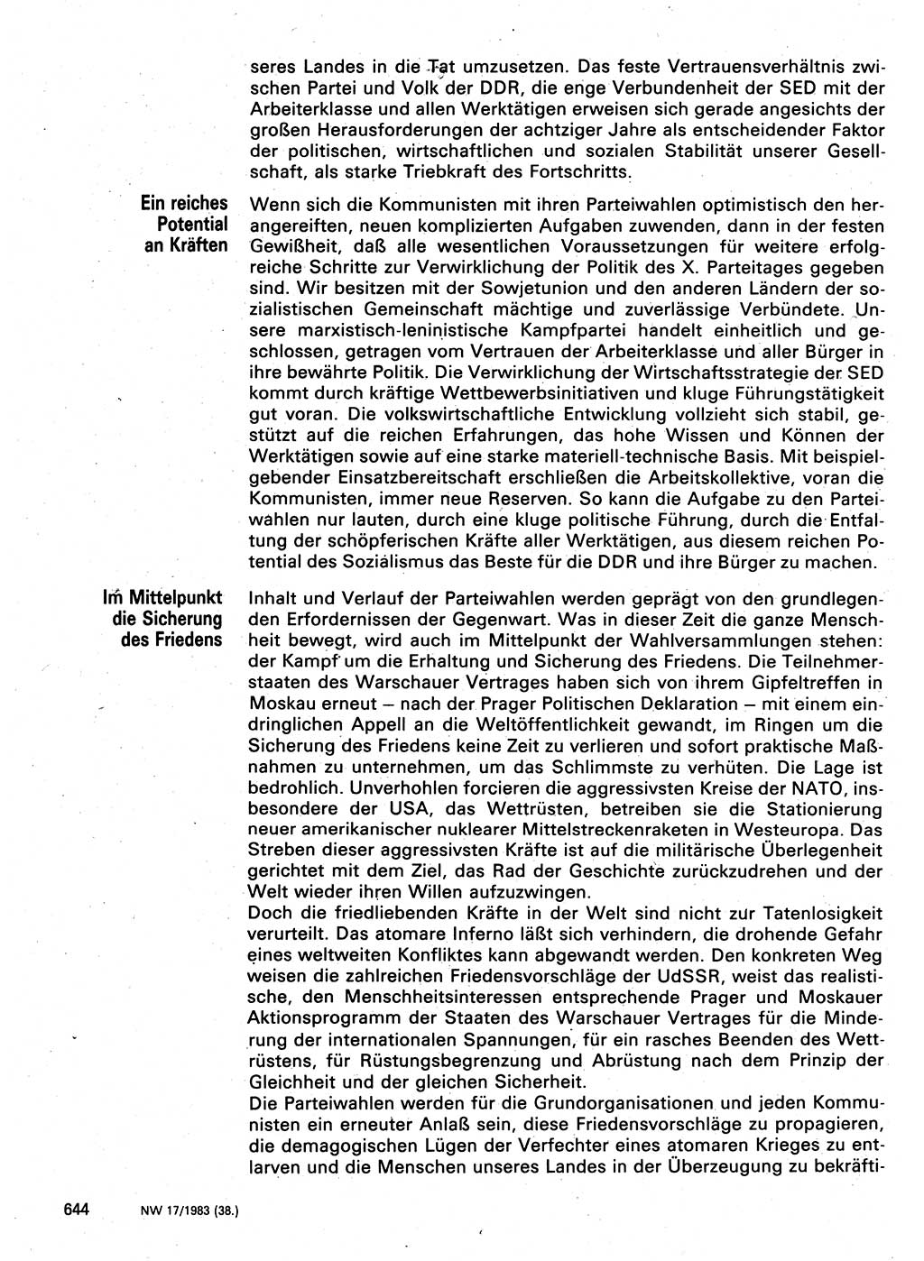 Neuer Weg (NW), Organ des Zentralkomitees (ZK) der SED (Sozialistische Einheitspartei Deutschlands) für Fragen des Parteilebens, 38. Jahrgang [Deutsche Demokratische Republik (DDR)] 1983, Seite 644 (NW ZK SED DDR 1983, S. 644)