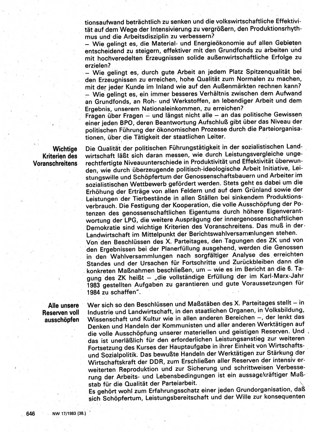 Neuer Weg (NW), Organ des Zentralkomitees (ZK) der SED (Sozialistische Einheitspartei Deutschlands) für Fragen des Parteilebens, 38. Jahrgang [Deutsche Demokratische Republik (DDR)] 1983, Seite 646 (NW ZK SED DDR 1983, S. 646)