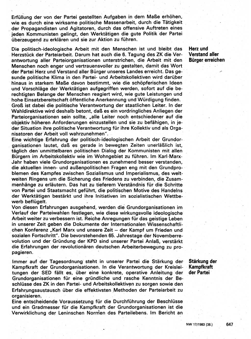 Neuer Weg (NW), Organ des Zentralkomitees (ZK) der SED (Sozialistische Einheitspartei Deutschlands) für Fragen des Parteilebens, 38. Jahrgang [Deutsche Demokratische Republik (DDR)] 1983, Seite 647 (NW ZK SED DDR 1983, S. 647)