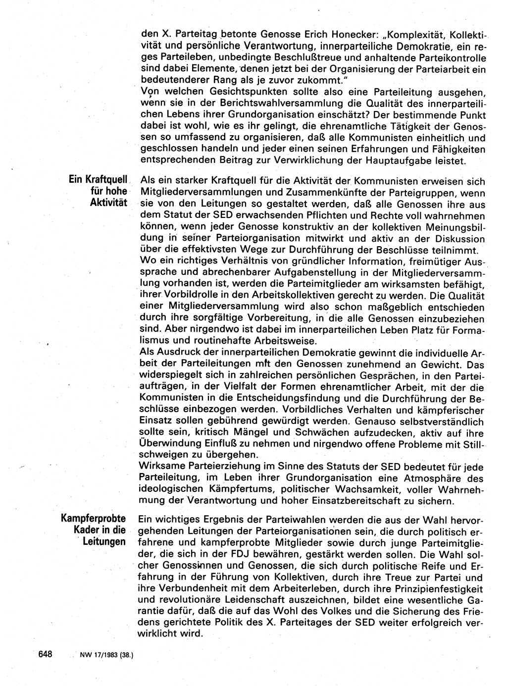 Neuer Weg (NW), Organ des Zentralkomitees (ZK) der SED (Sozialistische Einheitspartei Deutschlands) für Fragen des Parteilebens, 38. Jahrgang [Deutsche Demokratische Republik (DDR)] 1983, Seite 648 (NW ZK SED DDR 1983, S. 648)