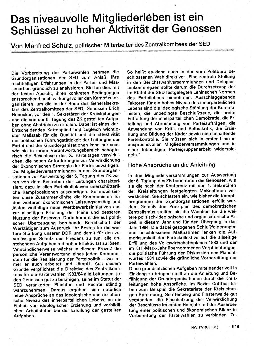 Neuer Weg (NW), Organ des Zentralkomitees (ZK) der SED (Sozialistische Einheitspartei Deutschlands) für Fragen des Parteilebens, 38. Jahrgang [Deutsche Demokratische Republik (DDR)] 1983, Seite 649 (NW ZK SED DDR 1983, S. 649)