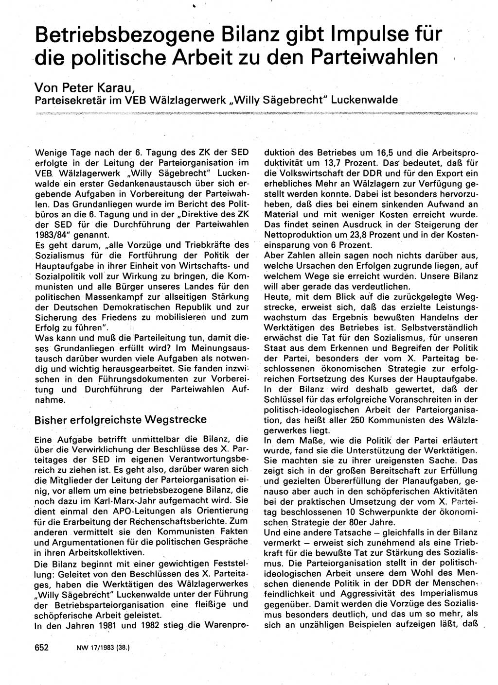 Neuer Weg (NW), Organ des Zentralkomitees (ZK) der SED (Sozialistische Einheitspartei Deutschlands) für Fragen des Parteilebens, 38. Jahrgang [Deutsche Demokratische Republik (DDR)] 1983, Seite 652 (NW ZK SED DDR 1983, S. 652)