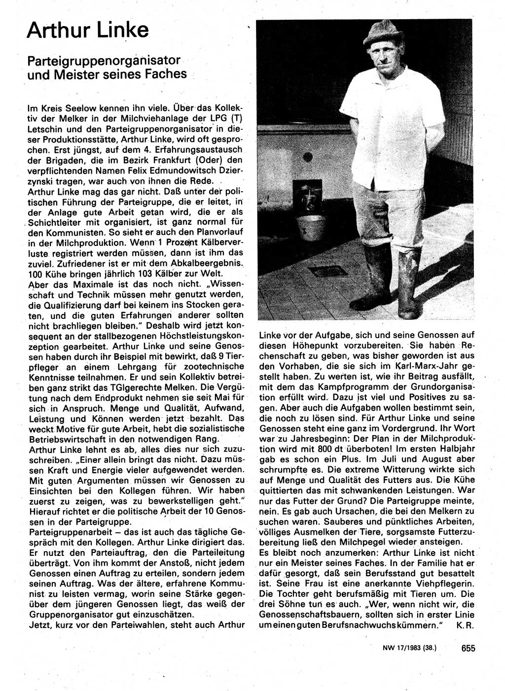 Neuer Weg (NW), Organ des Zentralkomitees (ZK) der SED (Sozialistische Einheitspartei Deutschlands) für Fragen des Parteilebens, 38. Jahrgang [Deutsche Demokratische Republik (DDR)] 1983, Seite 655 (NW ZK SED DDR 1983, S. 655)