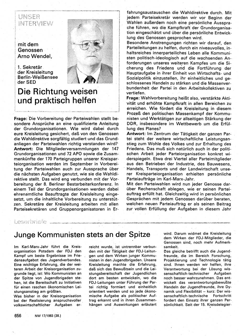 Neuer Weg (NW), Organ des Zentralkomitees (ZK) der SED (Sozialistische Einheitspartei Deutschlands) für Fragen des Parteilebens, 38. Jahrgang [Deutsche Demokratische Republik (DDR)] 1983, Seite 656 (NW ZK SED DDR 1983, S. 656)