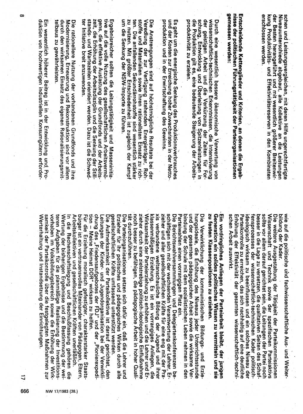 Neuer Weg (NW), Organ des Zentralkomitees (ZK) der SED (Sozialistische Einheitspartei Deutschlands) für Fragen des Parteilebens, 38. Jahrgang [Deutsche Demokratische Republik (DDR)] 1983, Seite 666 (NW ZK SED DDR 1983, S. 666)