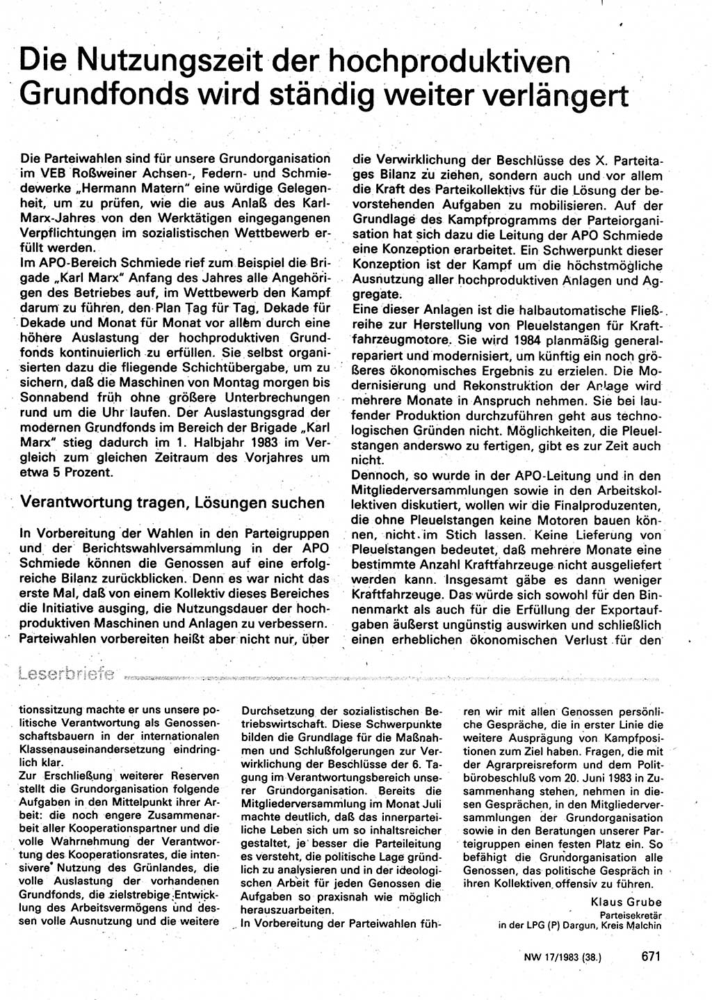 Neuer Weg (NW), Organ des Zentralkomitees (ZK) der SED (Sozialistische Einheitspartei Deutschlands) für Fragen des Parteilebens, 38. Jahrgang [Deutsche Demokratische Republik (DDR)] 1983, Seite 671 (NW ZK SED DDR 1983, S. 671)