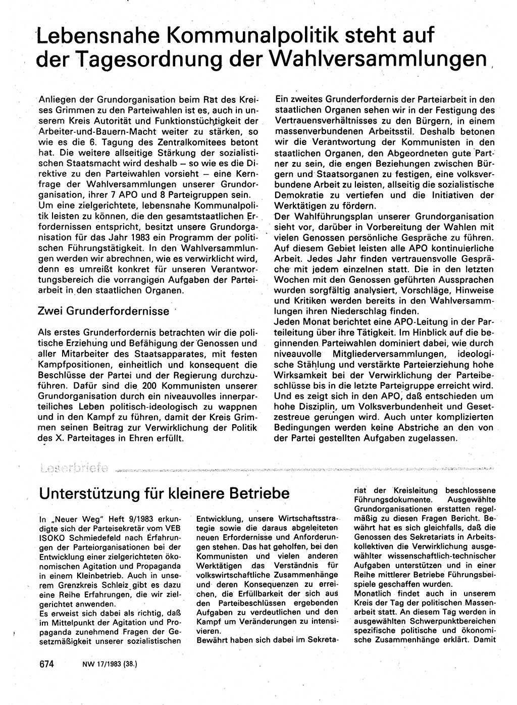 Neuer Weg (NW), Organ des Zentralkomitees (ZK) der SED (Sozialistische Einheitspartei Deutschlands) für Fragen des Parteilebens, 38. Jahrgang [Deutsche Demokratische Republik (DDR)] 1983, Seite 674 (NW ZK SED DDR 1983, S. 674)