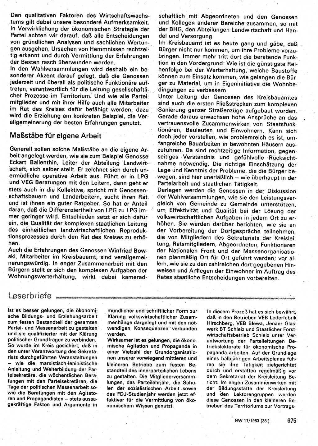 Neuer Weg (NW), Organ des Zentralkomitees (ZK) der SED (Sozialistische Einheitspartei Deutschlands) für Fragen des Parteilebens, 38. Jahrgang [Deutsche Demokratische Republik (DDR)] 1983, Seite 675 (NW ZK SED DDR 1983, S. 675)