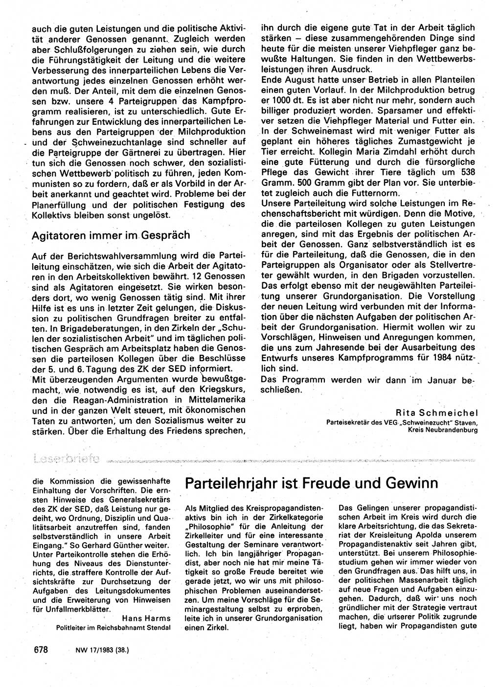 Neuer Weg (NW), Organ des Zentralkomitees (ZK) der SED (Sozialistische Einheitspartei Deutschlands) für Fragen des Parteilebens, 38. Jahrgang [Deutsche Demokratische Republik (DDR)] 1983, Seite 678 (NW ZK SED DDR 1983, S. 678)