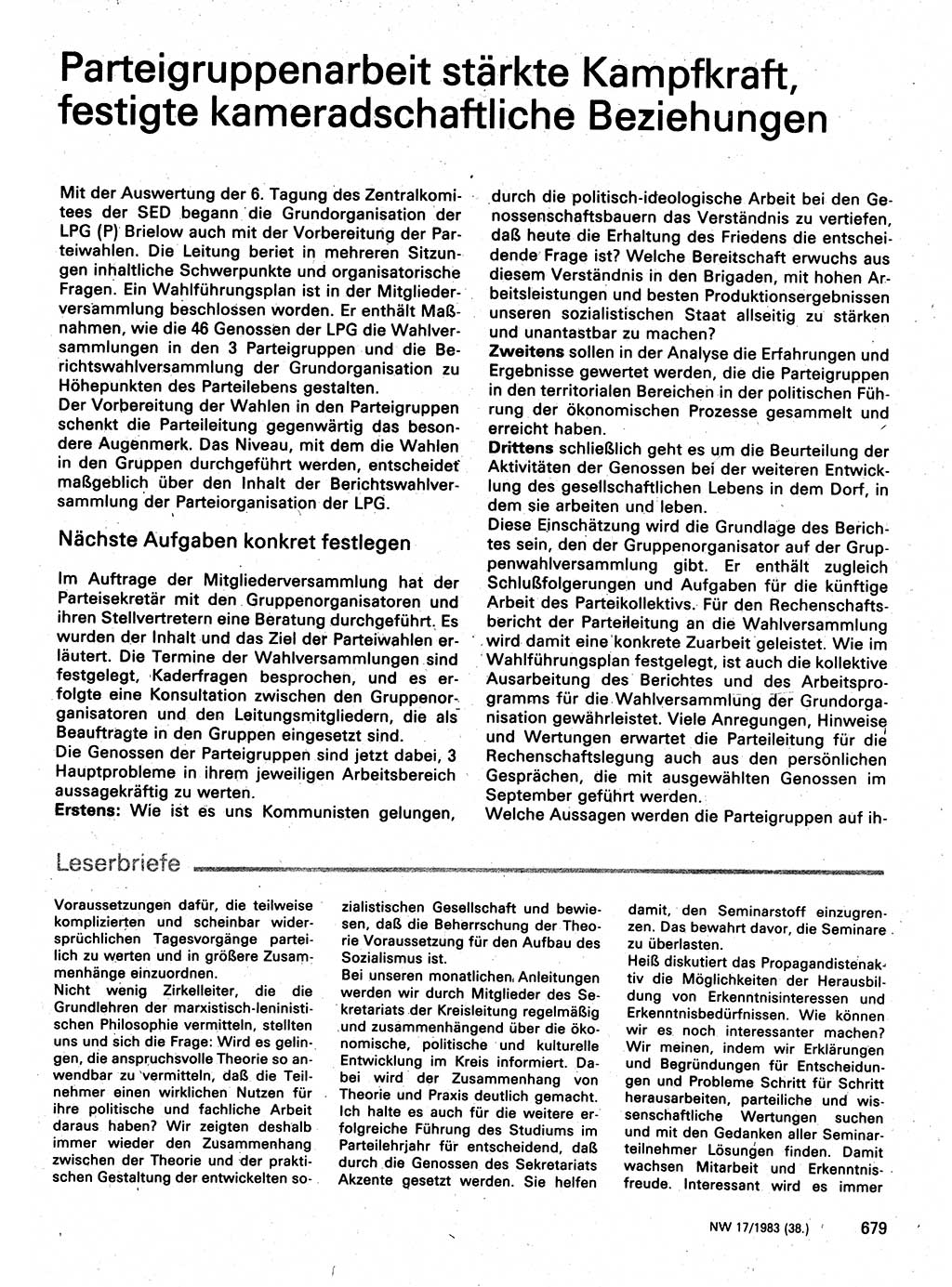 Neuer Weg (NW), Organ des Zentralkomitees (ZK) der SED (Sozialistische Einheitspartei Deutschlands) für Fragen des Parteilebens, 38. Jahrgang [Deutsche Demokratische Republik (DDR)] 1983, Seite 679 (NW ZK SED DDR 1983, S. 679)