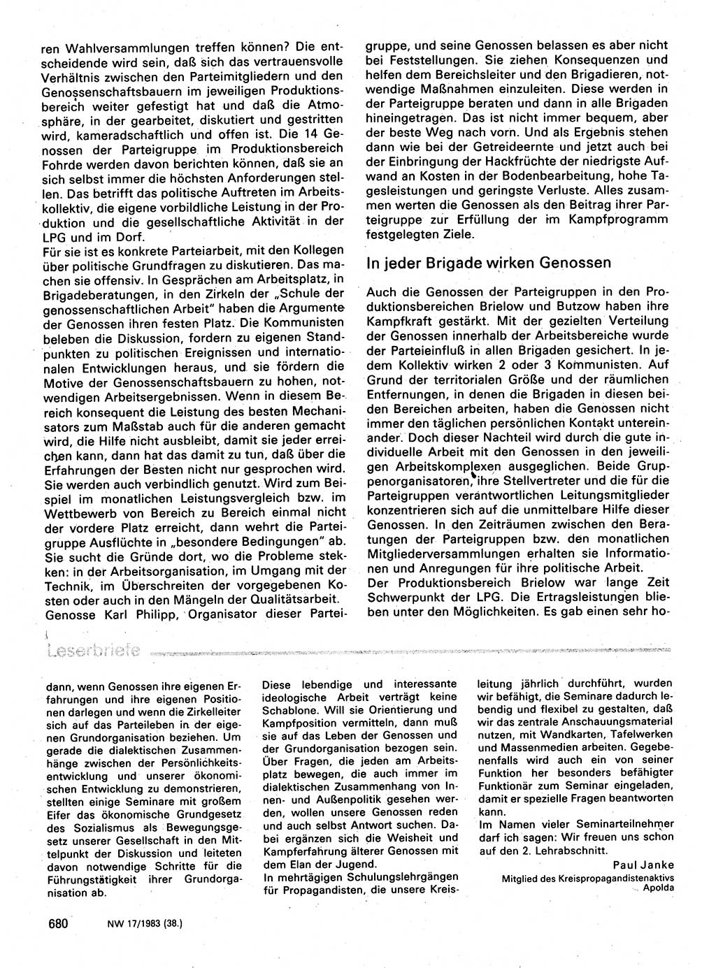 Neuer Weg (NW), Organ des Zentralkomitees (ZK) der SED (Sozialistische Einheitspartei Deutschlands) für Fragen des Parteilebens, 38. Jahrgang [Deutsche Demokratische Republik (DDR)] 1983, Seite 680 (NW ZK SED DDR 1983, S. 680)