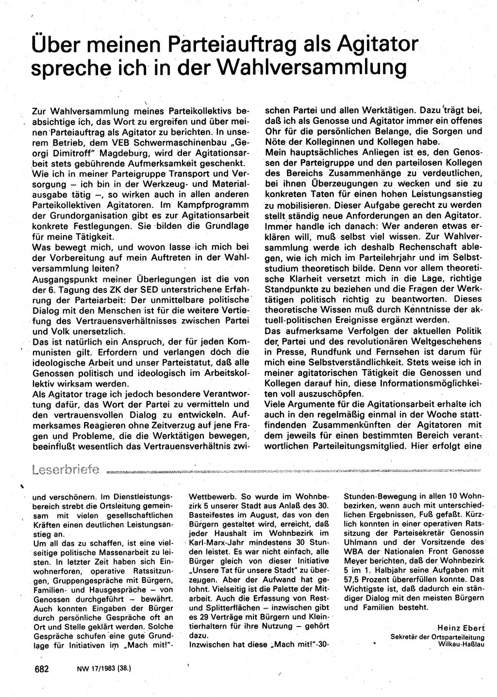 Neuer Weg (NW), Organ des Zentralkomitees (ZK) der SED (Sozialistische Einheitspartei Deutschlands) für Fragen des Parteilebens, 38. Jahrgang [Deutsche Demokratische Republik (DDR)] 1983, Seite 682 (NW ZK SED DDR 1983, S. 682)