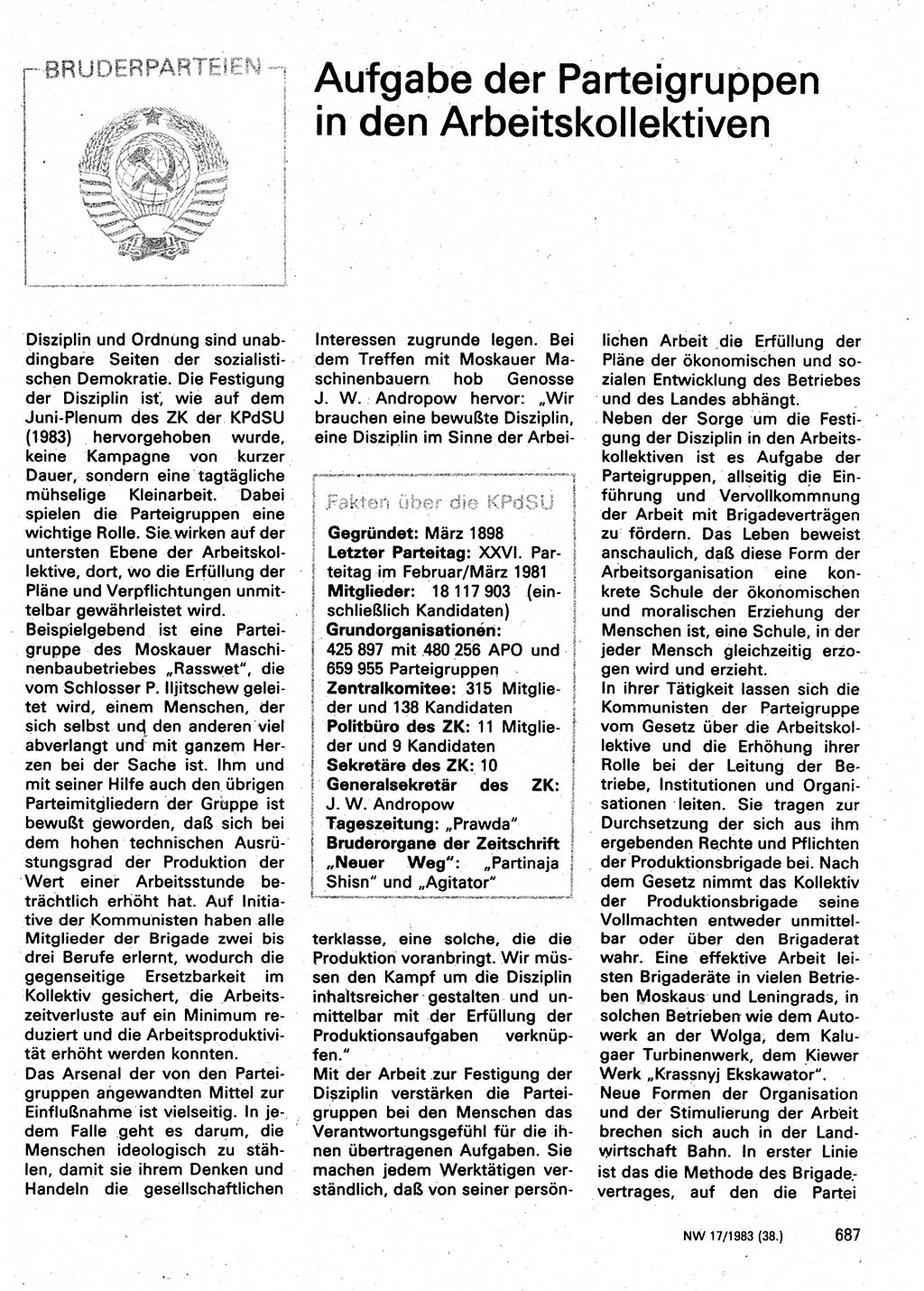 Neuer Weg (NW), Organ des Zentralkomitees (ZK) der SED (Sozialistische Einheitspartei Deutschlands) für Fragen des Parteilebens, 38. Jahrgang [Deutsche Demokratische Republik (DDR)] 1983, Seite 687 (NW ZK SED DDR 1983, S. 687)