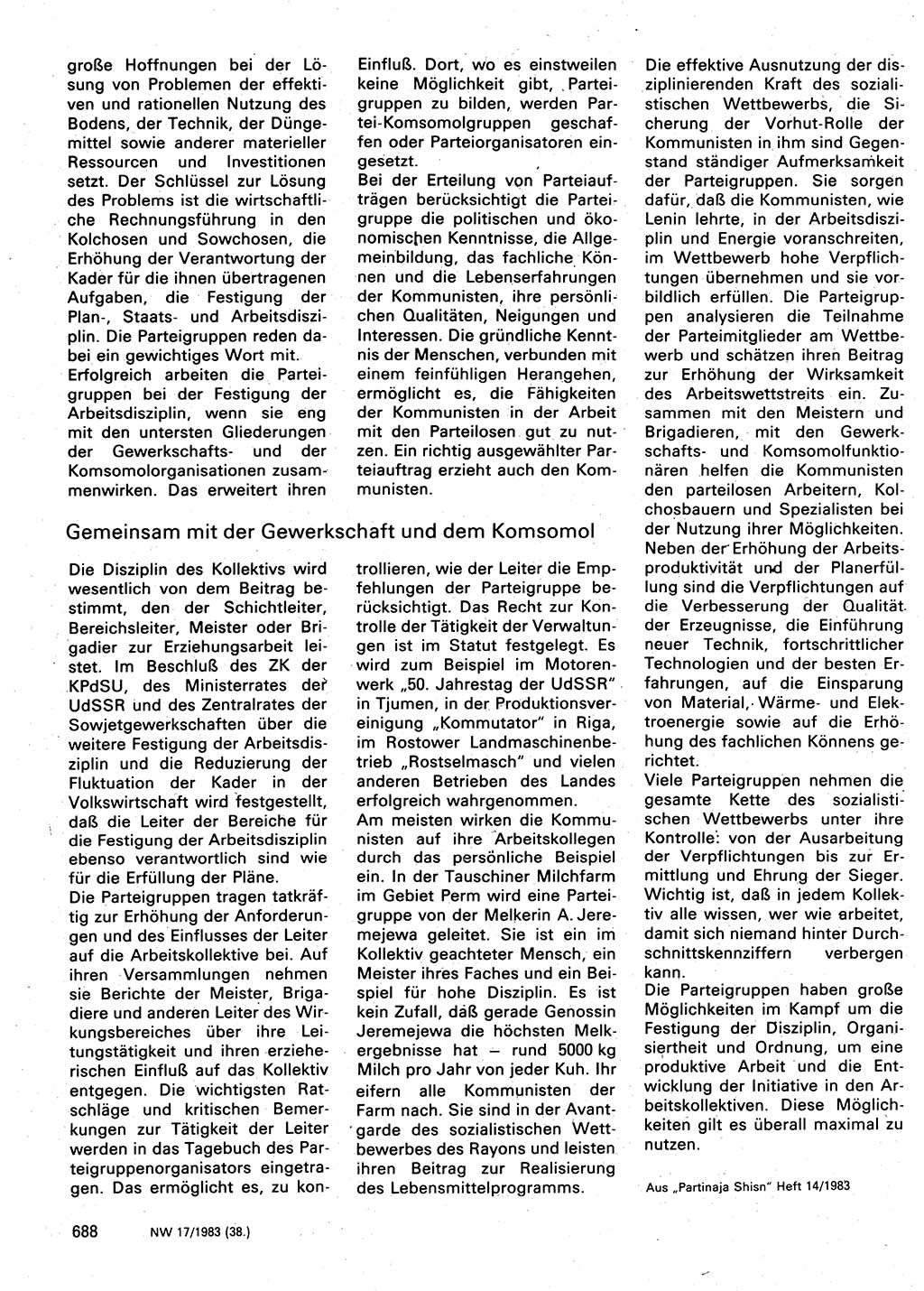 Neuer Weg (NW), Organ des Zentralkomitees (ZK) der SED (Sozialistische Einheitspartei Deutschlands) für Fragen des Parteilebens, 38. Jahrgang [Deutsche Demokratische Republik (DDR)] 1983, Seite 688 (NW ZK SED DDR 1983, S. 688)