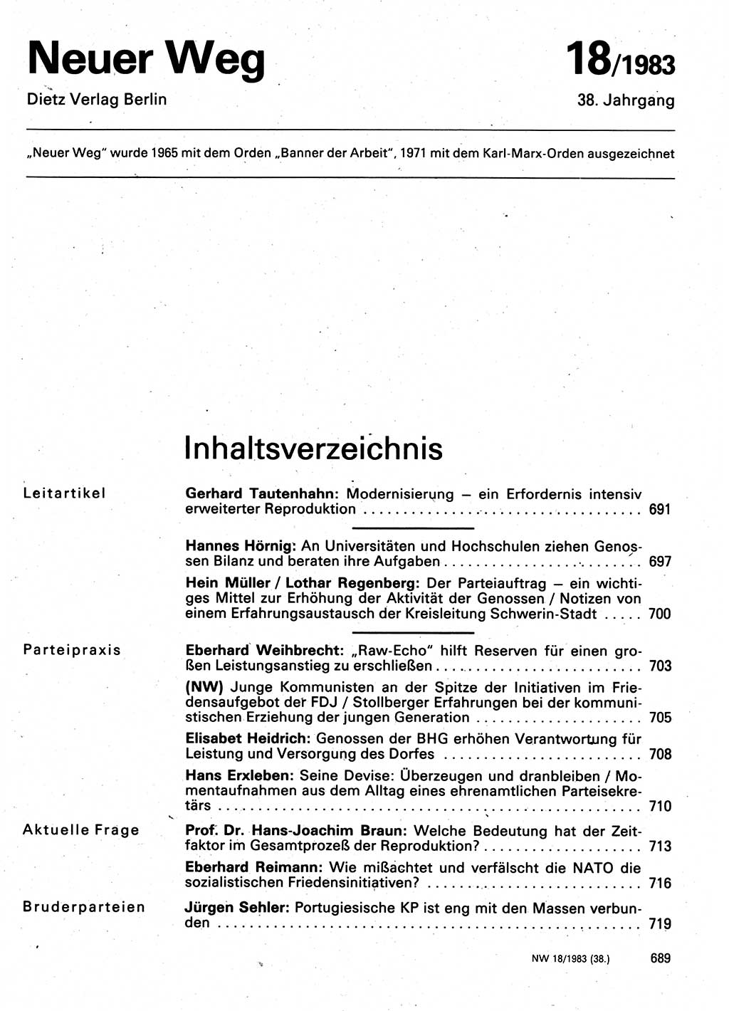 Neuer Weg (NW), Organ des Zentralkomitees (ZK) der SED (Sozialistische Einheitspartei Deutschlands) für Fragen des Parteilebens, 38. Jahrgang [Deutsche Demokratische Republik (DDR)] 1983, Seite 689 (NW ZK SED DDR 1983, S. 689)