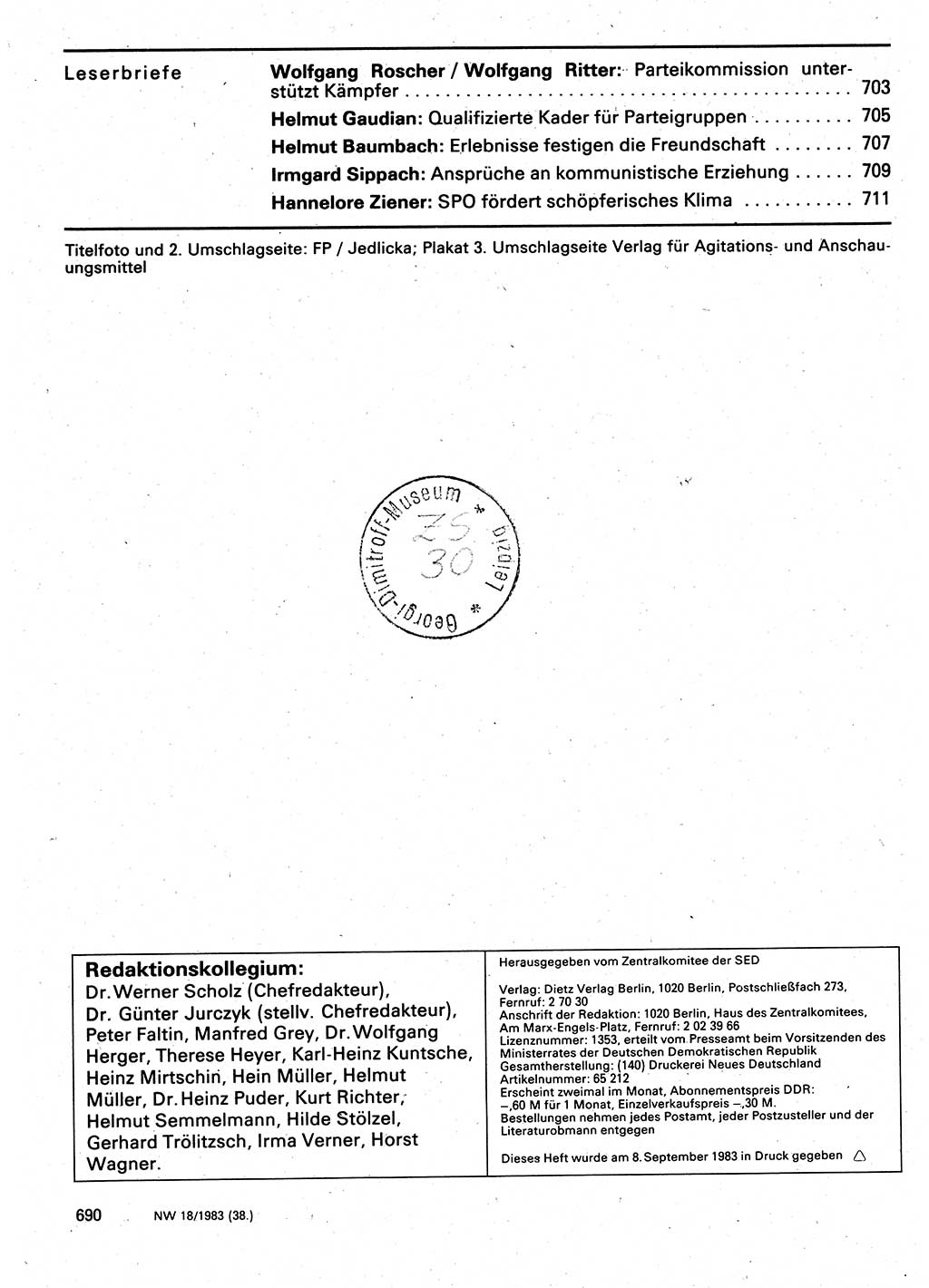 Neuer Weg (NW), Organ des Zentralkomitees (ZK) der SED (Sozialistische Einheitspartei Deutschlands) für Fragen des Parteilebens, 38. Jahrgang [Deutsche Demokratische Republik (DDR)] 1983, Seite 690 (NW ZK SED DDR 1983, S. 690)