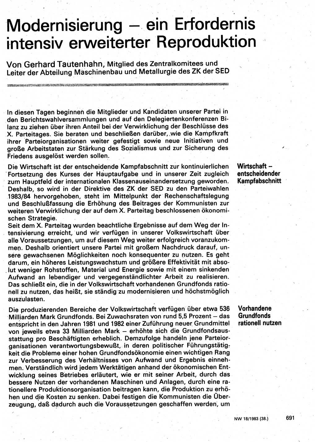 Neuer Weg (NW), Organ des Zentralkomitees (ZK) der SED (Sozialistische Einheitspartei Deutschlands) für Fragen des Parteilebens, 38. Jahrgang [Deutsche Demokratische Republik (DDR)] 1983, Seite 691 (NW ZK SED DDR 1983, S. 691)