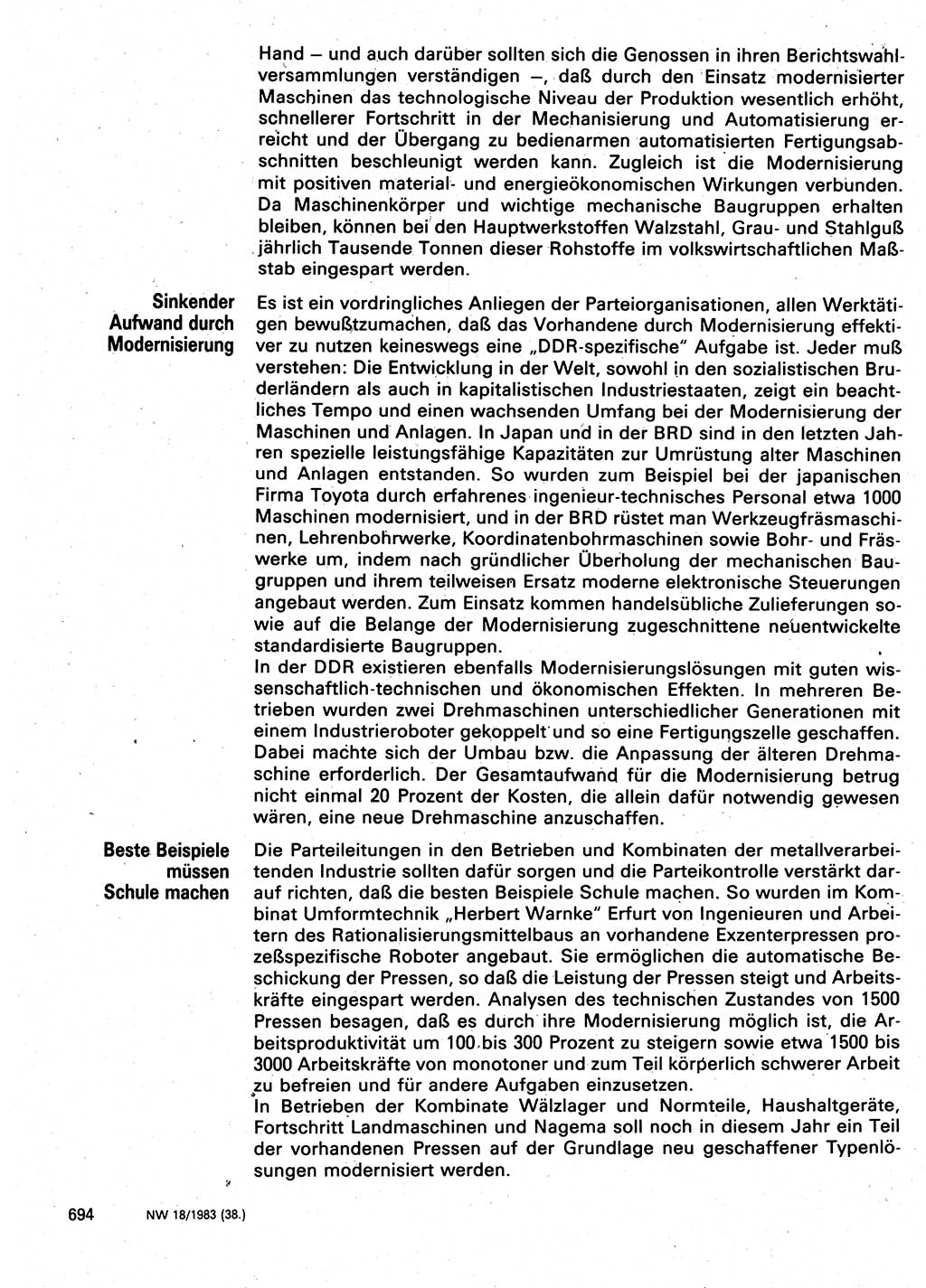 Neuer Weg (NW), Organ des Zentralkomitees (ZK) der SED (Sozialistische Einheitspartei Deutschlands) für Fragen des Parteilebens, 38. Jahrgang [Deutsche Demokratische Republik (DDR)] 1983, Seite 694 (NW ZK SED DDR 1983, S. 694)