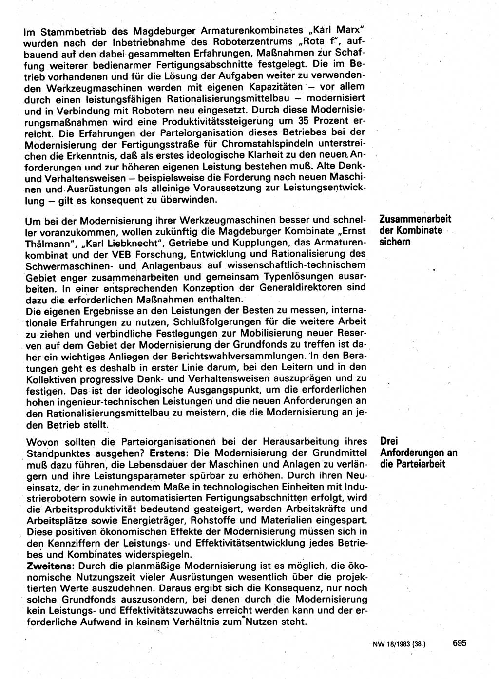 Neuer Weg (NW), Organ des Zentralkomitees (ZK) der SED (Sozialistische Einheitspartei Deutschlands) für Fragen des Parteilebens, 38. Jahrgang [Deutsche Demokratische Republik (DDR)] 1983, Seite 695 (NW ZK SED DDR 1983, S. 695)