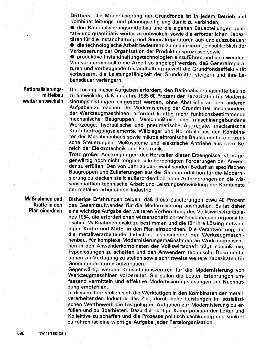 Neuer Weg (NW), Organ des Zentralkomitees (ZK) der SED (Sozialistische Einheitspartei Deutschlands) für Fragen des Parteilebens, 38. Jahrgang [Deutsche Demokratische Republik (DDR)] 1983, Seite 696 (NW ZK SED DDR 1983, S. 696)