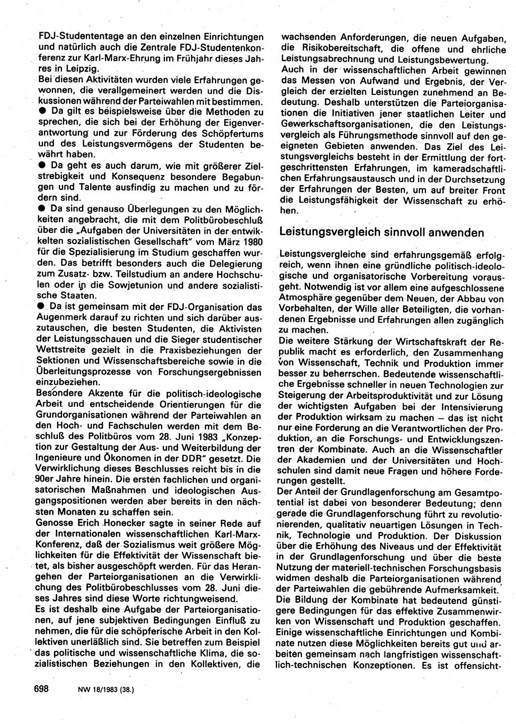 Neuer Weg (NW), Organ des Zentralkomitees (ZK) der SED (Sozialistische Einheitspartei Deutschlands) für Fragen des Parteilebens, 38. Jahrgang [Deutsche Demokratische Republik (DDR)] 1983, Seite 698 (NW ZK SED DDR 1983, S. 698)
