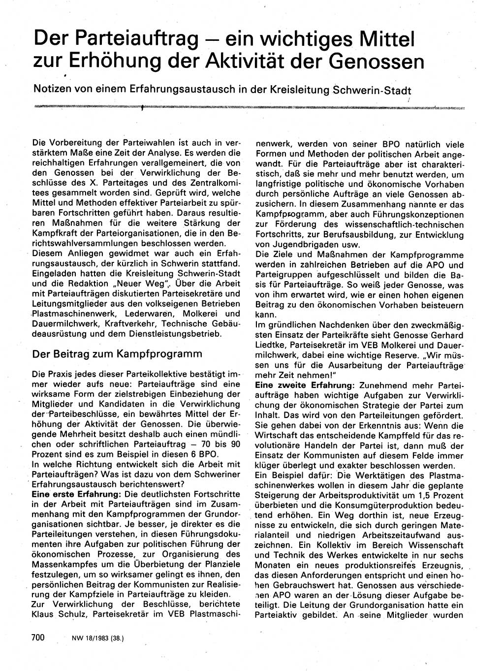 Neuer Weg (NW), Organ des Zentralkomitees (ZK) der SED (Sozialistische Einheitspartei Deutschlands) für Fragen des Parteilebens, 38. Jahrgang [Deutsche Demokratische Republik (DDR)] 1983, Seite 700 (NW ZK SED DDR 1983, S. 700)