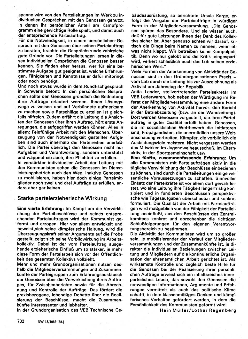 Neuer Weg (NW), Organ des Zentralkomitees (ZK) der SED (Sozialistische Einheitspartei Deutschlands) für Fragen des Parteilebens, 38. Jahrgang [Deutsche Demokratische Republik (DDR)] 1983, Seite 702 (NW ZK SED DDR 1983, S. 702)