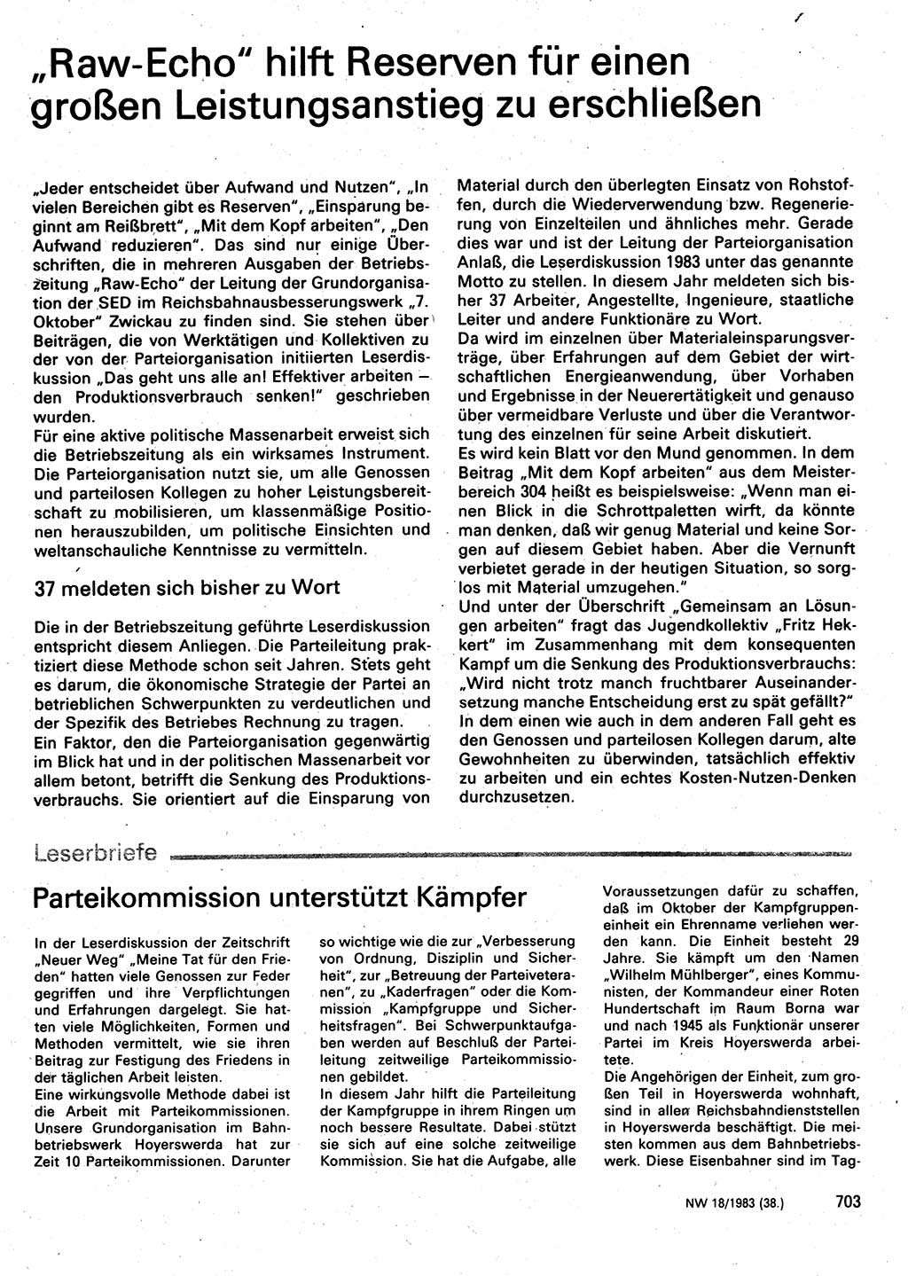 Neuer Weg (NW), Organ des Zentralkomitees (ZK) der SED (Sozialistische Einheitspartei Deutschlands) für Fragen des Parteilebens, 38. Jahrgang [Deutsche Demokratische Republik (DDR)] 1983, Seite 703 (NW ZK SED DDR 1983, S. 703)