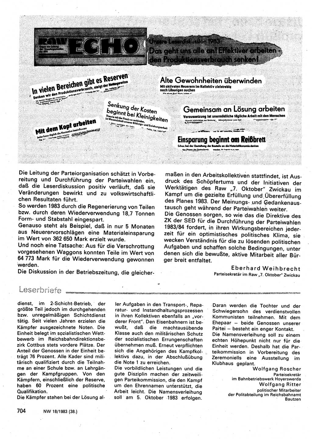 Neuer Weg (NW), Organ des Zentralkomitees (ZK) der SED (Sozialistische Einheitspartei Deutschlands) für Fragen des Parteilebens, 38. Jahrgang [Deutsche Demokratische Republik (DDR)] 1983, Seite 704 (NW ZK SED DDR 1983, S. 704)