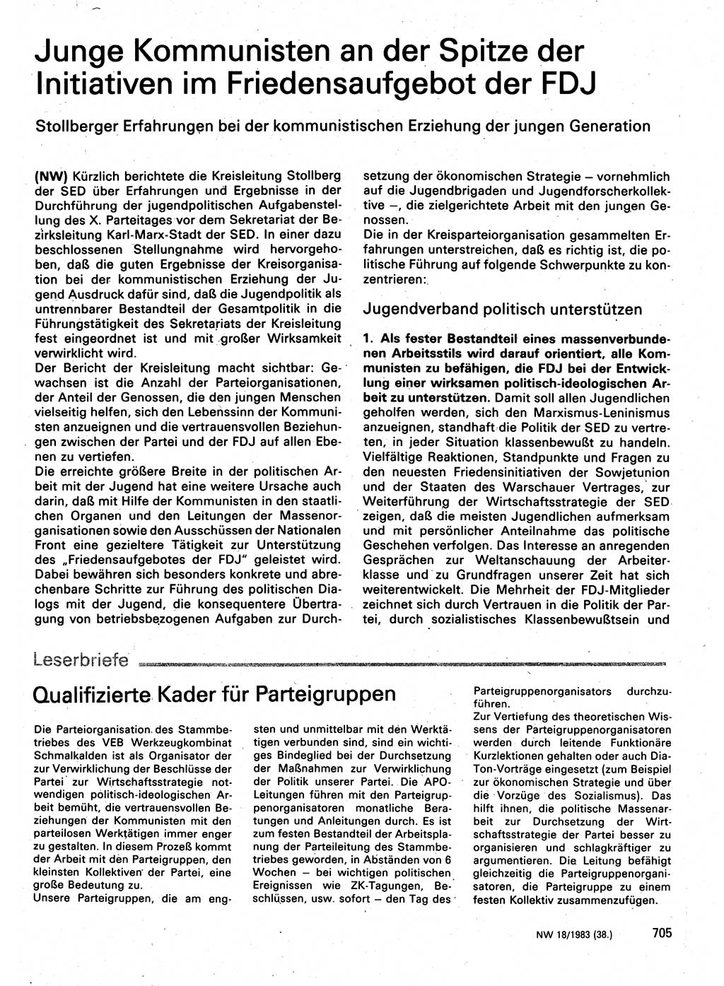 Neuer Weg (NW), Organ des Zentralkomitees (ZK) der SED (Sozialistische Einheitspartei Deutschlands) für Fragen des Parteilebens, 38. Jahrgang [Deutsche Demokratische Republik (DDR)] 1983, Seite 705 (NW ZK SED DDR 1983, S. 705)