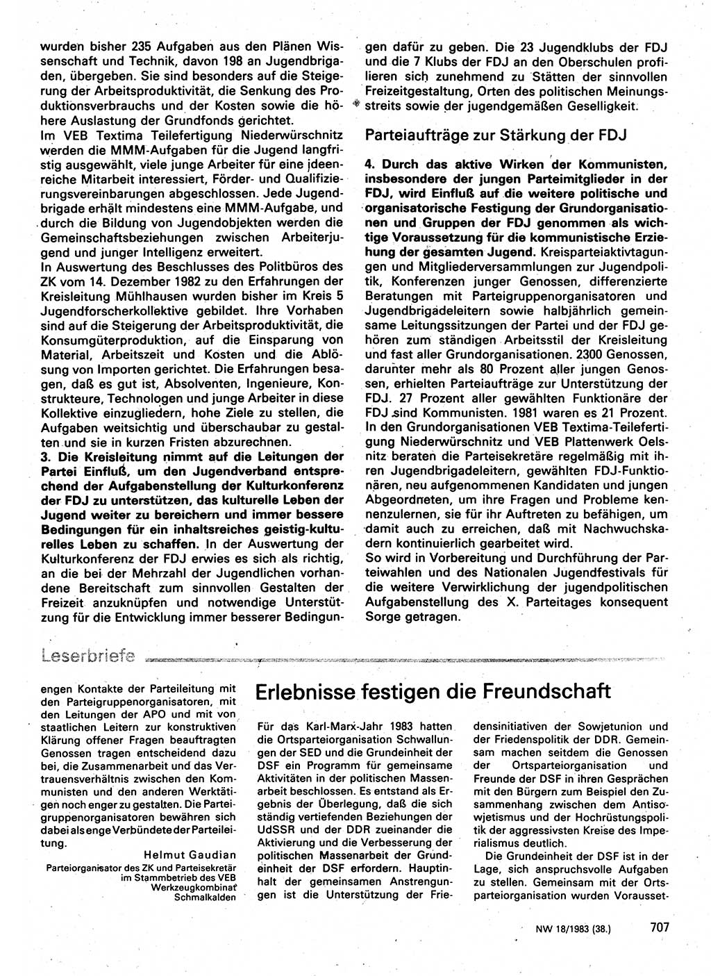 Neuer Weg (NW), Organ des Zentralkomitees (ZK) der SED (Sozialistische Einheitspartei Deutschlands) für Fragen des Parteilebens, 38. Jahrgang [Deutsche Demokratische Republik (DDR)] 1983, Seite 707 (NW ZK SED DDR 1983, S. 707)