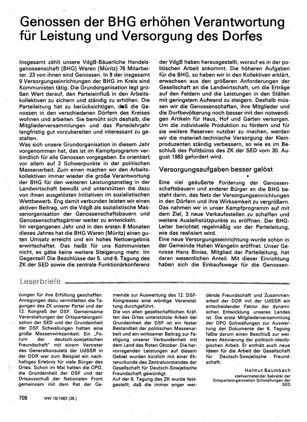 Neuer Weg (NW), Organ des Zentralkomitees (ZK) der SED (Sozialistische Einheitspartei Deutschlands) für Fragen des Parteilebens, 38. Jahrgang [Deutsche Demokratische Republik (DDR)] 1983, Seite 708 (NW ZK SED DDR 1983, S. 708)