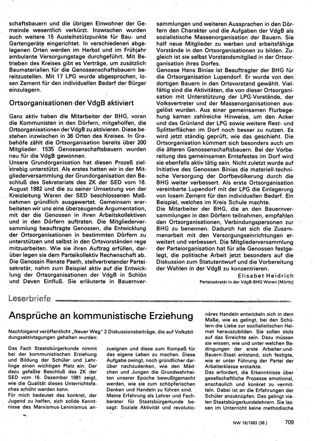Neuer Weg (NW), Organ des Zentralkomitees (ZK) der SED (Sozialistische Einheitspartei Deutschlands) für Fragen des Parteilebens, 38. Jahrgang [Deutsche Demokratische Republik (DDR)] 1983, Seite 709 (NW ZK SED DDR 1983, S. 709)