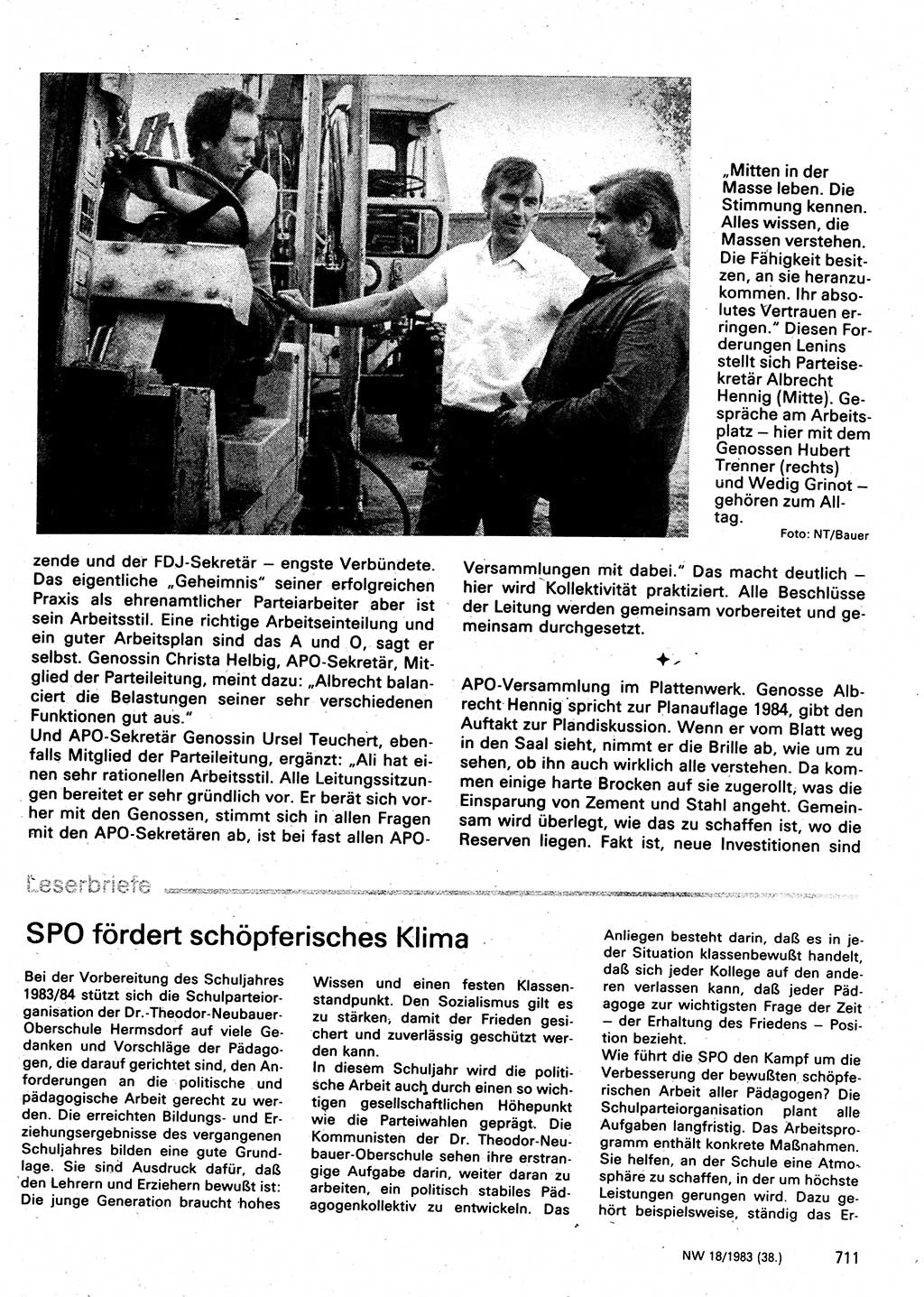 Neuer Weg (NW), Organ des Zentralkomitees (ZK) der SED (Sozialistische Einheitspartei Deutschlands) für Fragen des Parteilebens, 38. Jahrgang [Deutsche Demokratische Republik (DDR)] 1983, Seite 711 (NW ZK SED DDR 1983, S. 711)