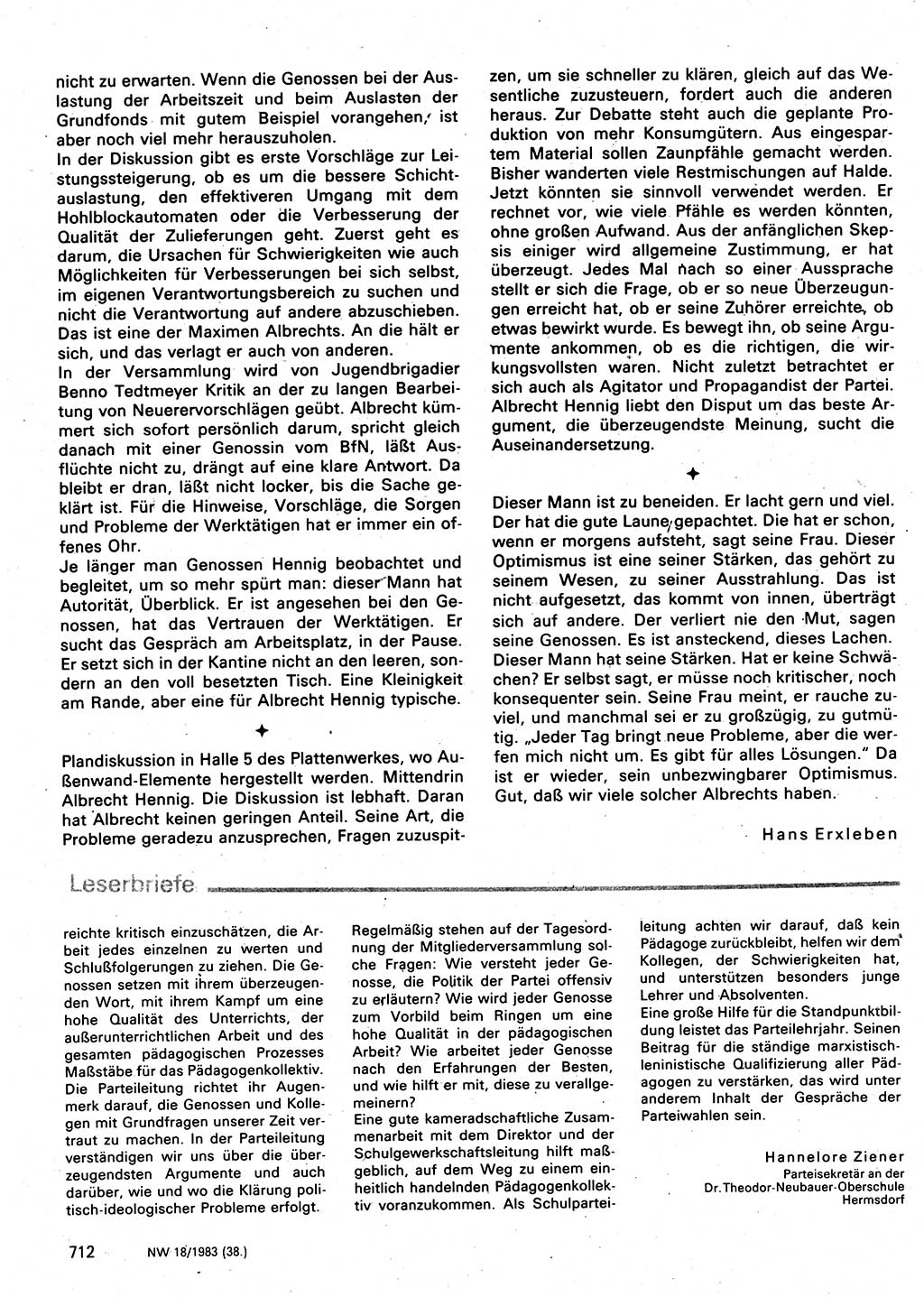 Neuer Weg (NW), Organ des Zentralkomitees (ZK) der SED (Sozialistische Einheitspartei Deutschlands) für Fragen des Parteilebens, 38. Jahrgang [Deutsche Demokratische Republik (DDR)] 1983, Seite 712 (NW ZK SED DDR 1983, S. 712)