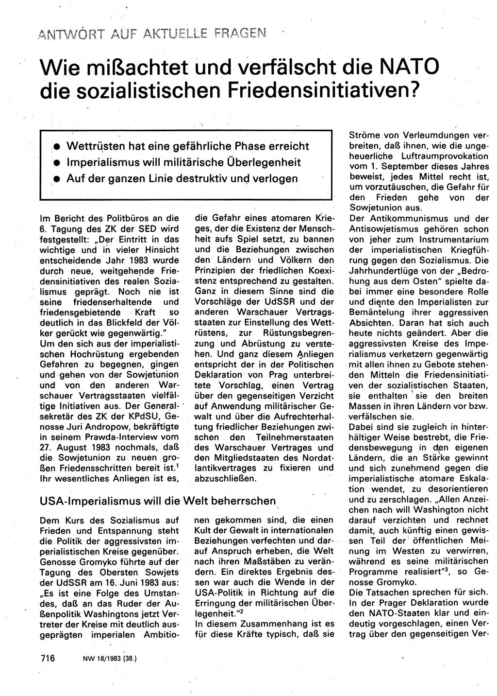 Neuer Weg (NW), Organ des Zentralkomitees (ZK) der SED (Sozialistische Einheitspartei Deutschlands) für Fragen des Parteilebens, 38. Jahrgang [Deutsche Demokratische Republik (DDR)] 1983, Seite 716 (NW ZK SED DDR 1983, S. 716)