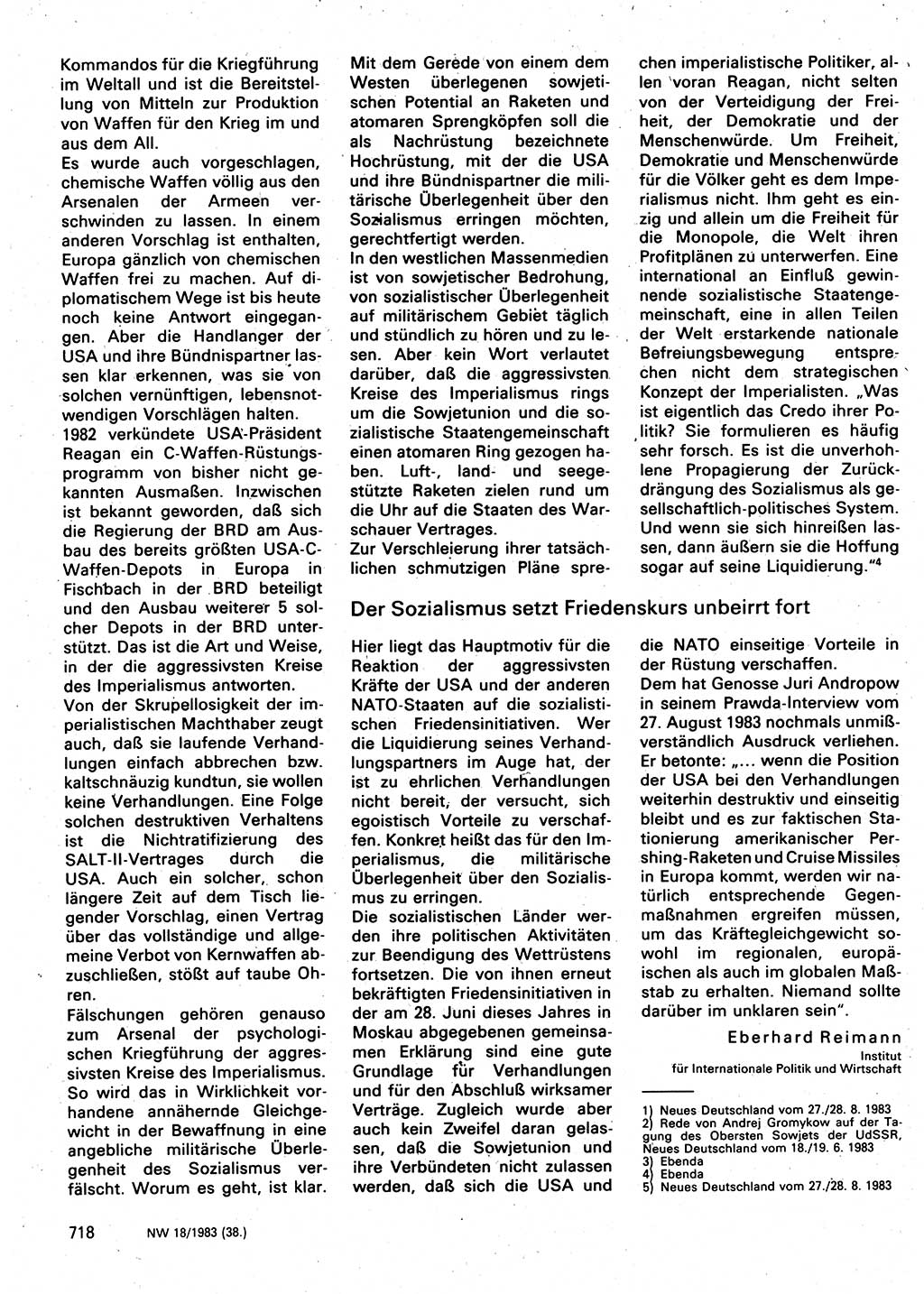 Neuer Weg (NW), Organ des Zentralkomitees (ZK) der SED (Sozialistische Einheitspartei Deutschlands) für Fragen des Parteilebens, 38. Jahrgang [Deutsche Demokratische Republik (DDR)] 1983, Seite 718 (NW ZK SED DDR 1983, S. 718)