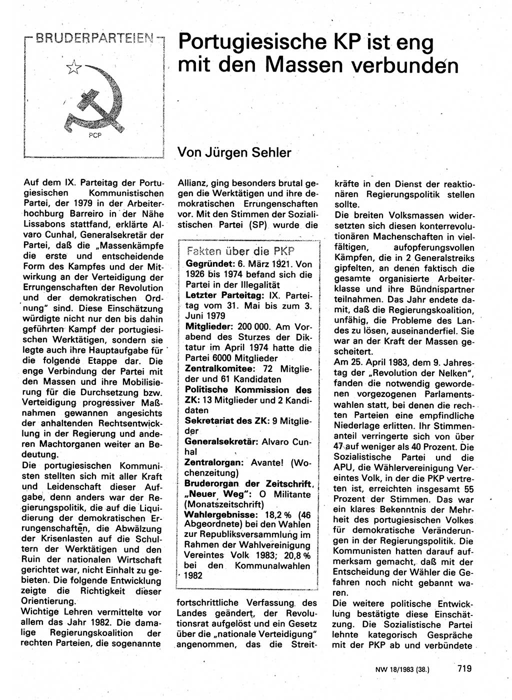 Neuer Weg (NW), Organ des Zentralkomitees (ZK) der SED (Sozialistische Einheitspartei Deutschlands) für Fragen des Parteilebens, 38. Jahrgang [Deutsche Demokratische Republik (DDR)] 1983, Seite 719 (NW ZK SED DDR 1983, S. 719)