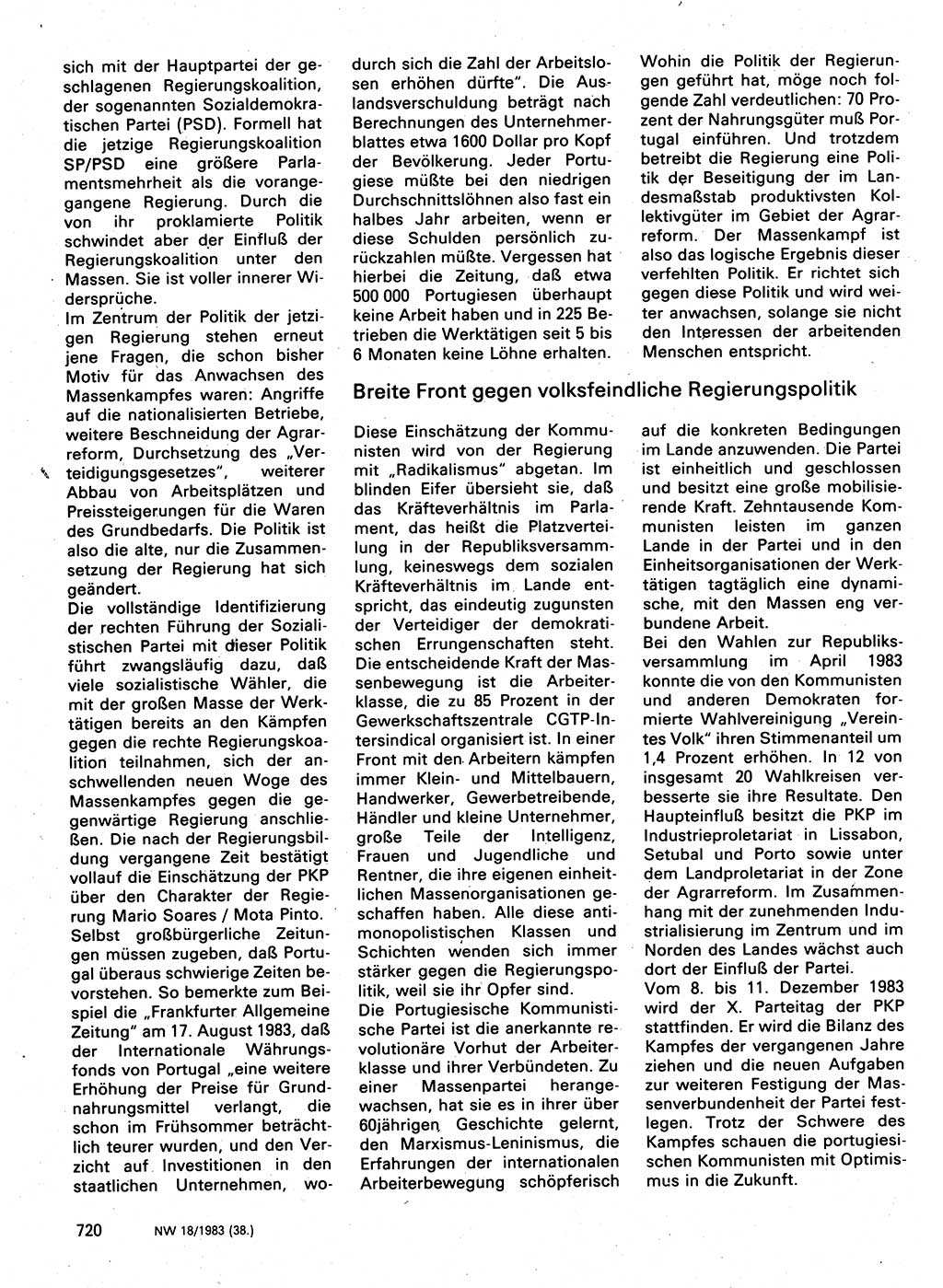 Neuer Weg (NW), Organ des Zentralkomitees (ZK) der SED (Sozialistische Einheitspartei Deutschlands) für Fragen des Parteilebens, 38. Jahrgang [Deutsche Demokratische Republik (DDR)] 1983, Seite 720 (NW ZK SED DDR 1983, S. 720)