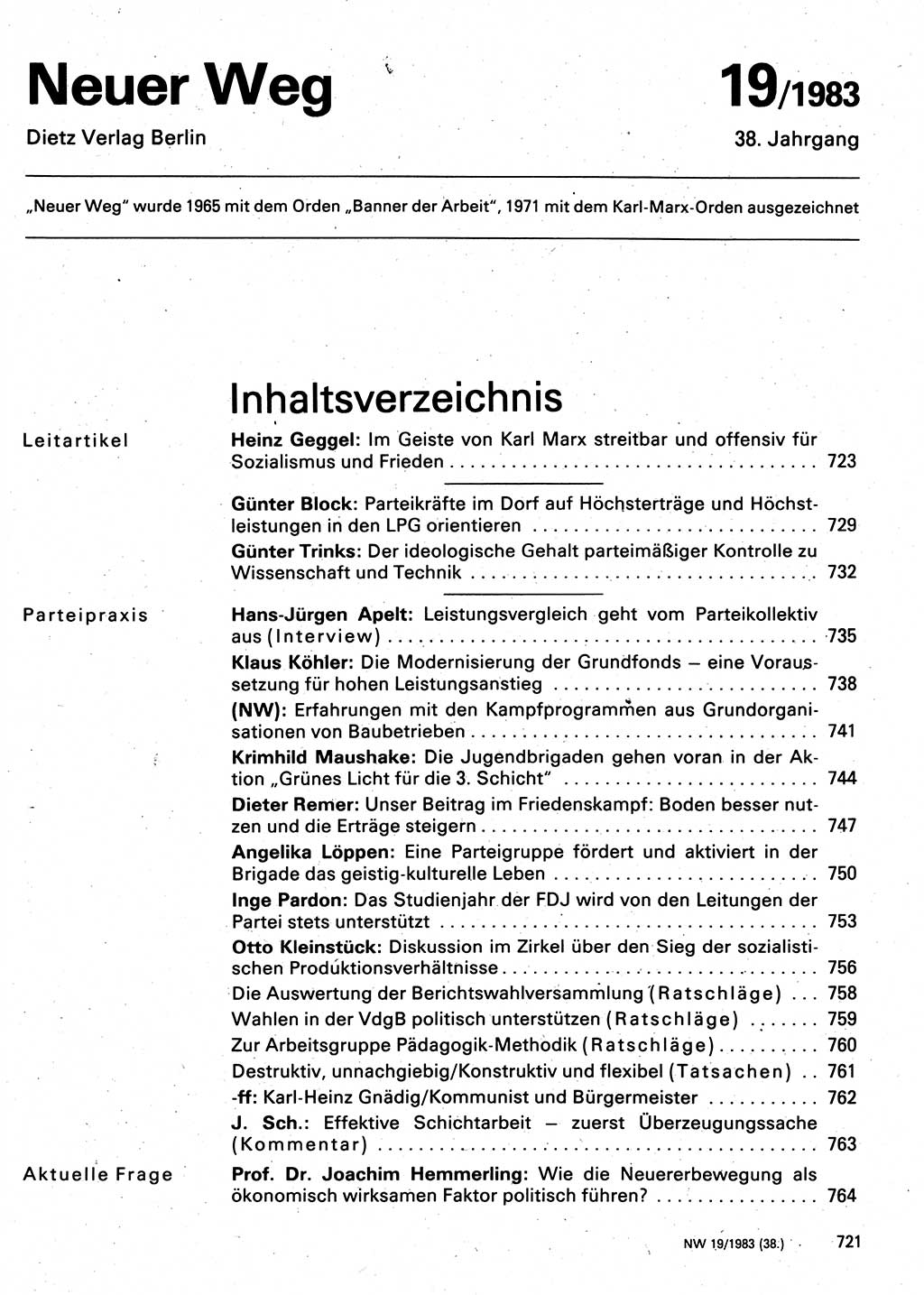 Neuer Weg (NW), Organ des Zentralkomitees (ZK) der SED (Sozialistische Einheitspartei Deutschlands) für Fragen des Parteilebens, 38. Jahrgang [Deutsche Demokratische Republik (DDR)] 1983, Seite 721 (NW ZK SED DDR 1983, S. 721)