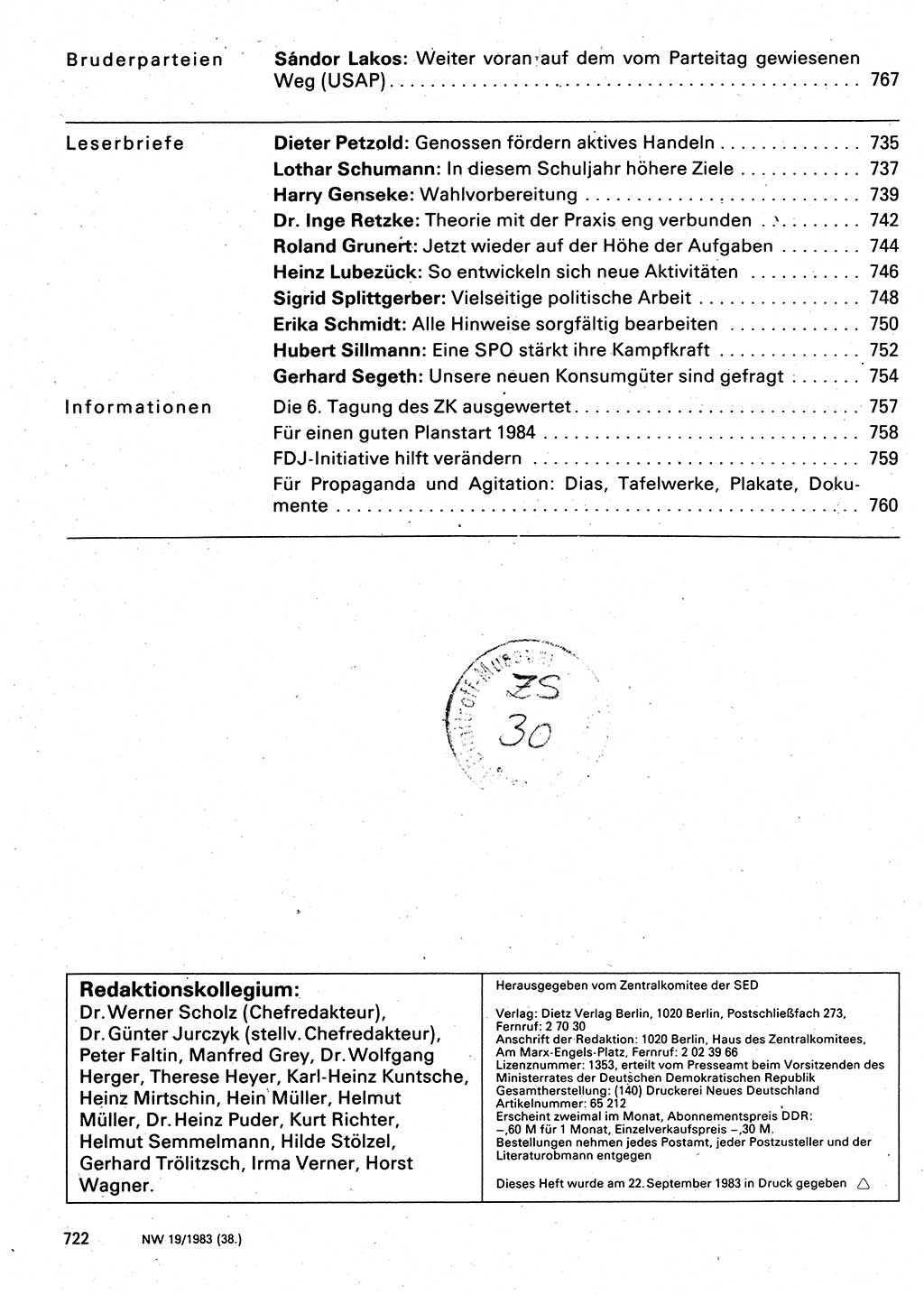Neuer Weg (NW), Organ des Zentralkomitees (ZK) der SED (Sozialistische Einheitspartei Deutschlands) für Fragen des Parteilebens, 38. Jahrgang [Deutsche Demokratische Republik (DDR)] 1983, Seite 722 (NW ZK SED DDR 1983, S. 722)