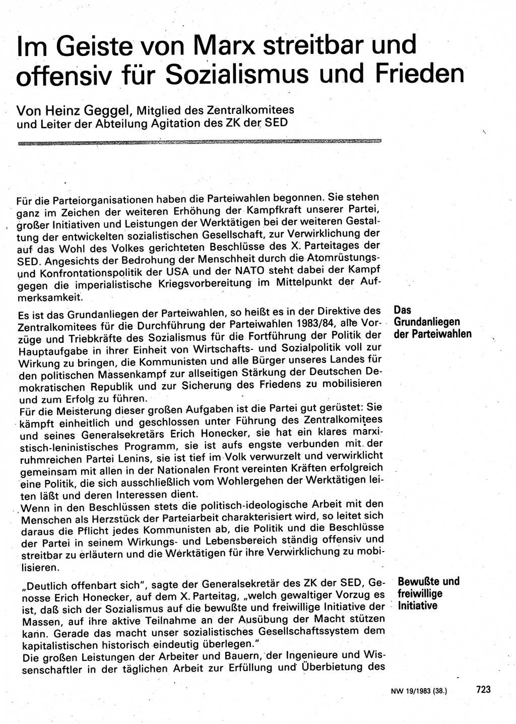 Neuer Weg (NW), Organ des Zentralkomitees (ZK) der SED (Sozialistische Einheitspartei Deutschlands) für Fragen des Parteilebens, 38. Jahrgang [Deutsche Demokratische Republik (DDR)] 1983, Seite 723 (NW ZK SED DDR 1983, S. 723)